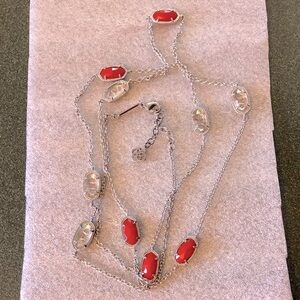 GUC Kendra Scott Kellie Long Necklace Silvertone/Red/Clear
